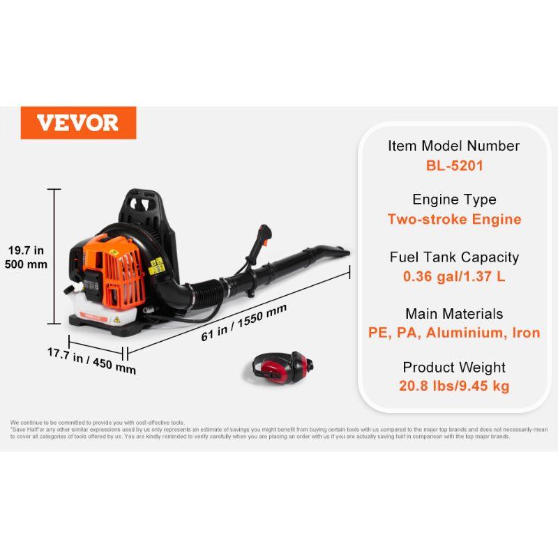 VEVOR Backpack Leaf Blower, 52CC 2-Cycle Leaf Blower with 1.37L Fuel Tank, 480CFM Air Volume 175MPH Speed, Ideal for Lawn Care, Leaf Cleaning, and Snow Removal