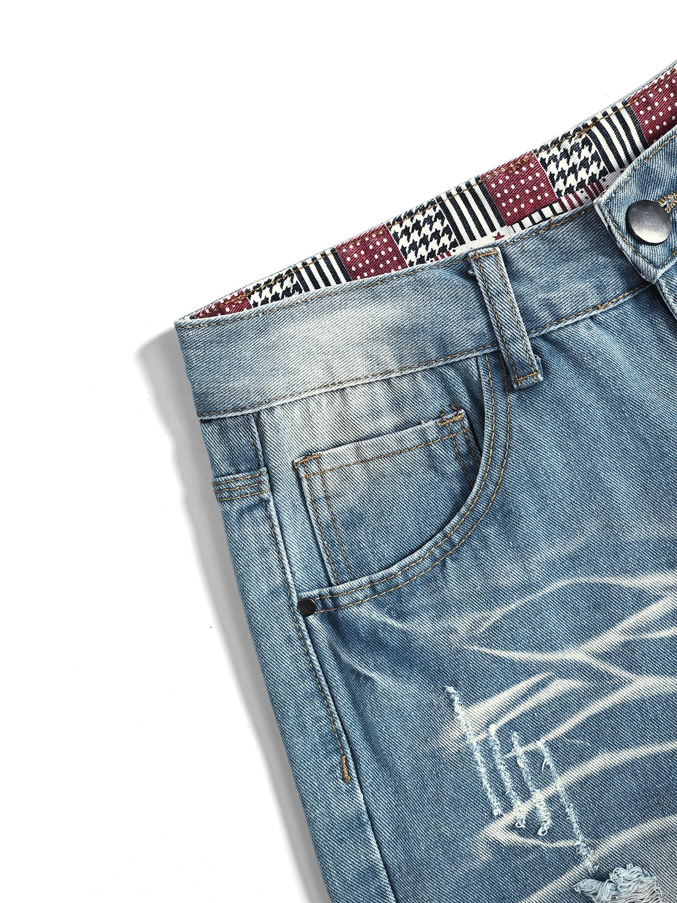 Light Blue High-Cotton Straight-Leg Jeans | Whiskering Distressed Denim Light Blue High-Cotton Straight-Leg Jeans | Whiskering Distressed Denim