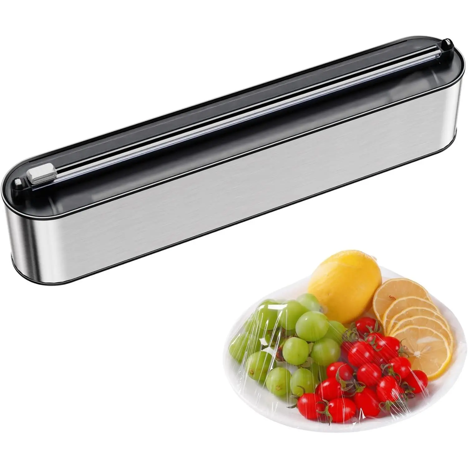 Aluminum Foil & Plastic Wrap Dispenser with Cutter - Magnetic & No-Drill Wall Mount, Stainless Steel Design, Space-Saving Kitchen organizer for Countertops & Cabinets - Fits 12" Rolls, Silver