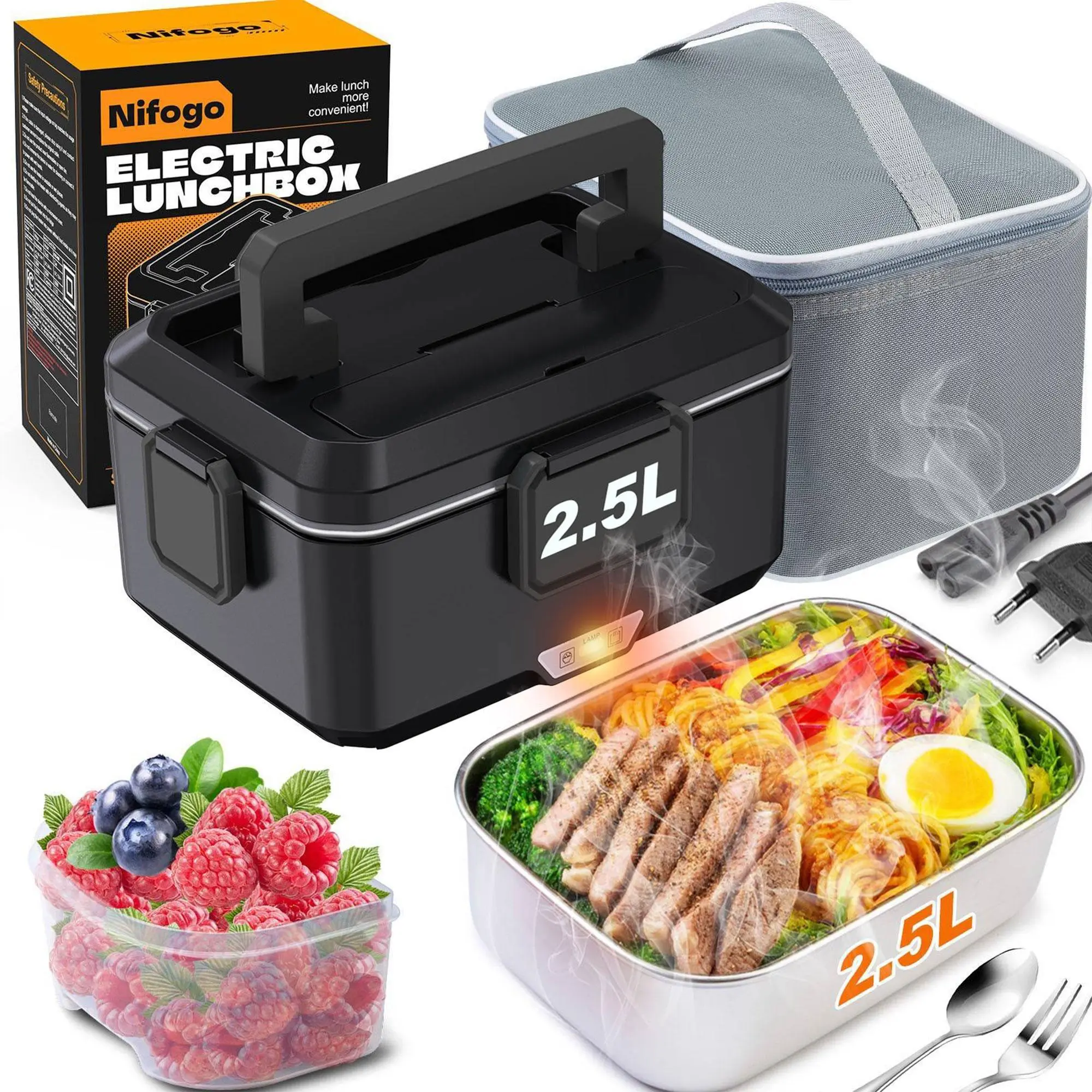 Nifogo 1.8L Heated Electric Lunch Box - 304 Stainless Steel Reusable Thermal Food Warmer, Leakproof Multi-Voltage (110V/12V/24V), 7H Warm/Cold Retention, Fork+Spoon Inside, Insulated Bag for Work Travel