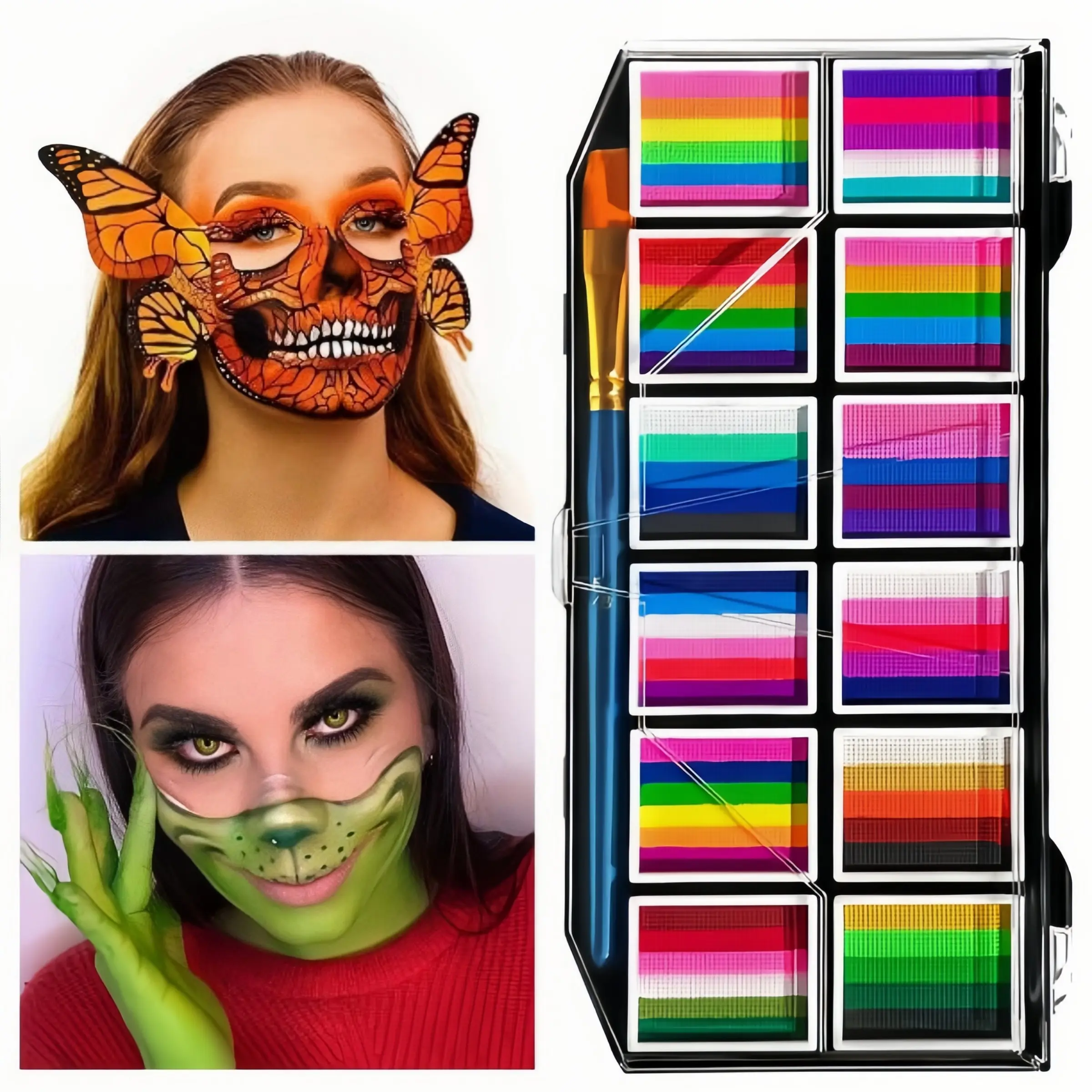 Large‑Capacity Professional Face & Body Painting Kit, 12‑Color Rainbow Face Paint Palette. Split‑type cake‑designed rainbow‑streak face paints, non‑toxic & easy‑to‑wash body paint set. Ideal for cosplay, carnival parties, stage makeup, theatrical looks, f