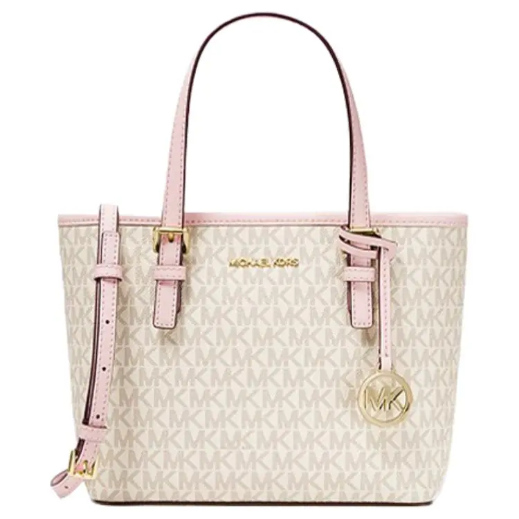 Michael Kors MK Jet Set Tote Bag for Women – Monogram Mix Color Leather Handbag in Vanilla White
