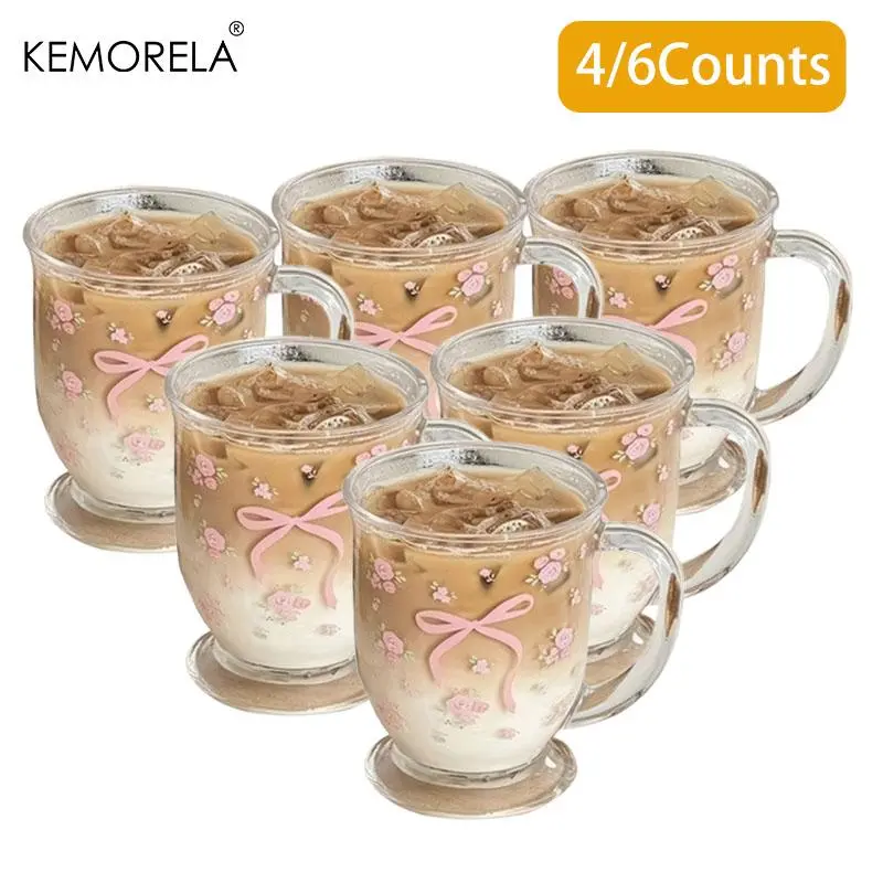Flower & Bow Pattern Glass Cup, 4/6 Counts 450ML Reusable Glass Cup, Drinking Cup for Milk, Coffee, Juice, Drinkware for Home Office Use, Drinking Glasses Set, Glass Beverage Cups