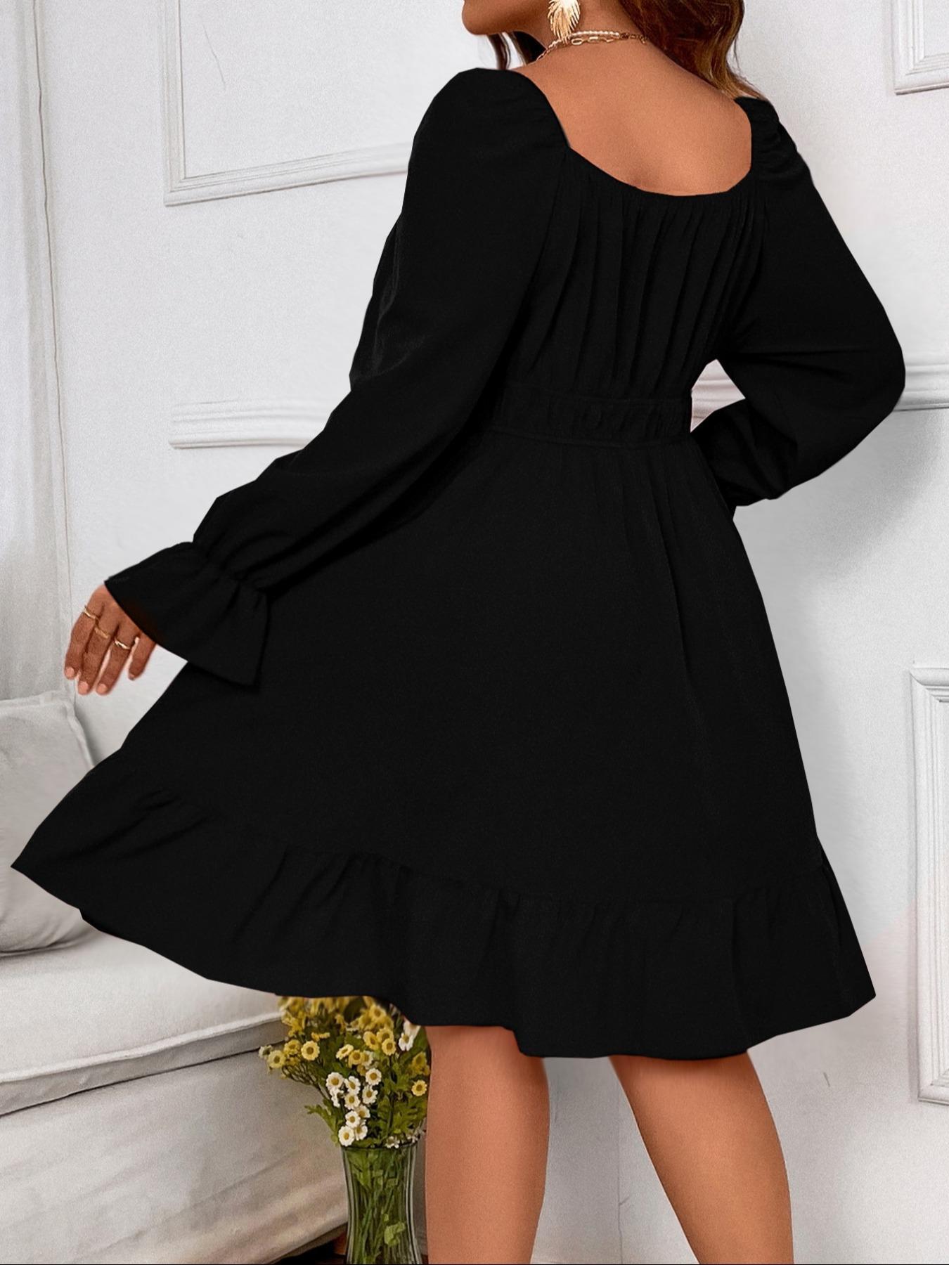 【Plus Size】 Summer Plain Casual Ruched Peplum Hem Flounce Sleeve Dress, Plus Elegant Scoop Neck Long Sleeve A Line Dress for Party Holiday Wedding Guest, Homecoming Dresses, Lady Plus Clothes for Fall & Winter