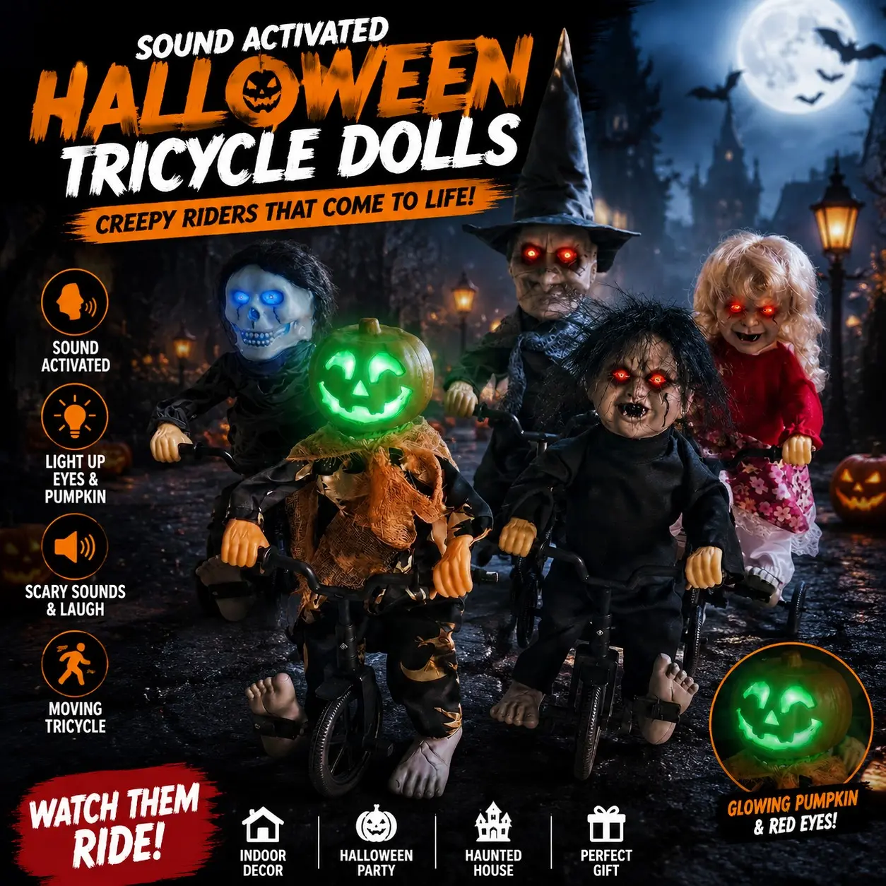 Sound Activated Animated Halloween Witch Doll, Electric Riding Pumpkin Skeleton Decoration with LED Light Effects, Creepy Moving Horror Prop for Haunted House, Halloween Party & Outdoor Yard Decor