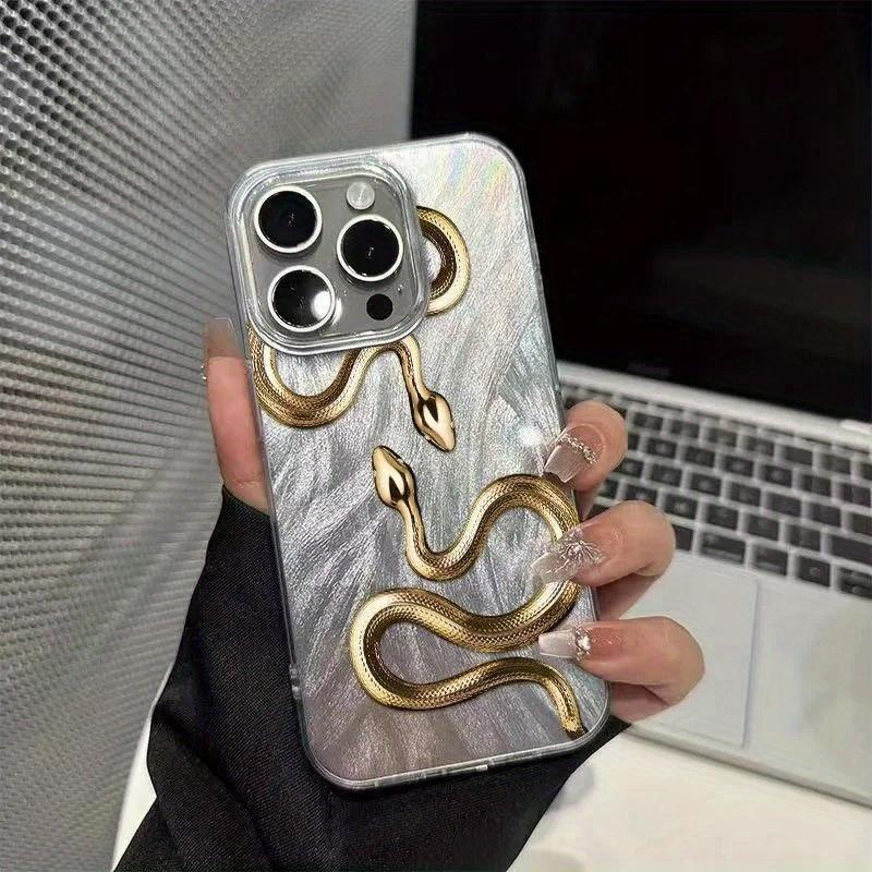 1pc Golden Snake Trendy Brand Illustration Feather IMD Phone Case for iPhone 17 16 16e 15 14 13 12 11 promax air x xr xs 8 7 plus Protective Cover