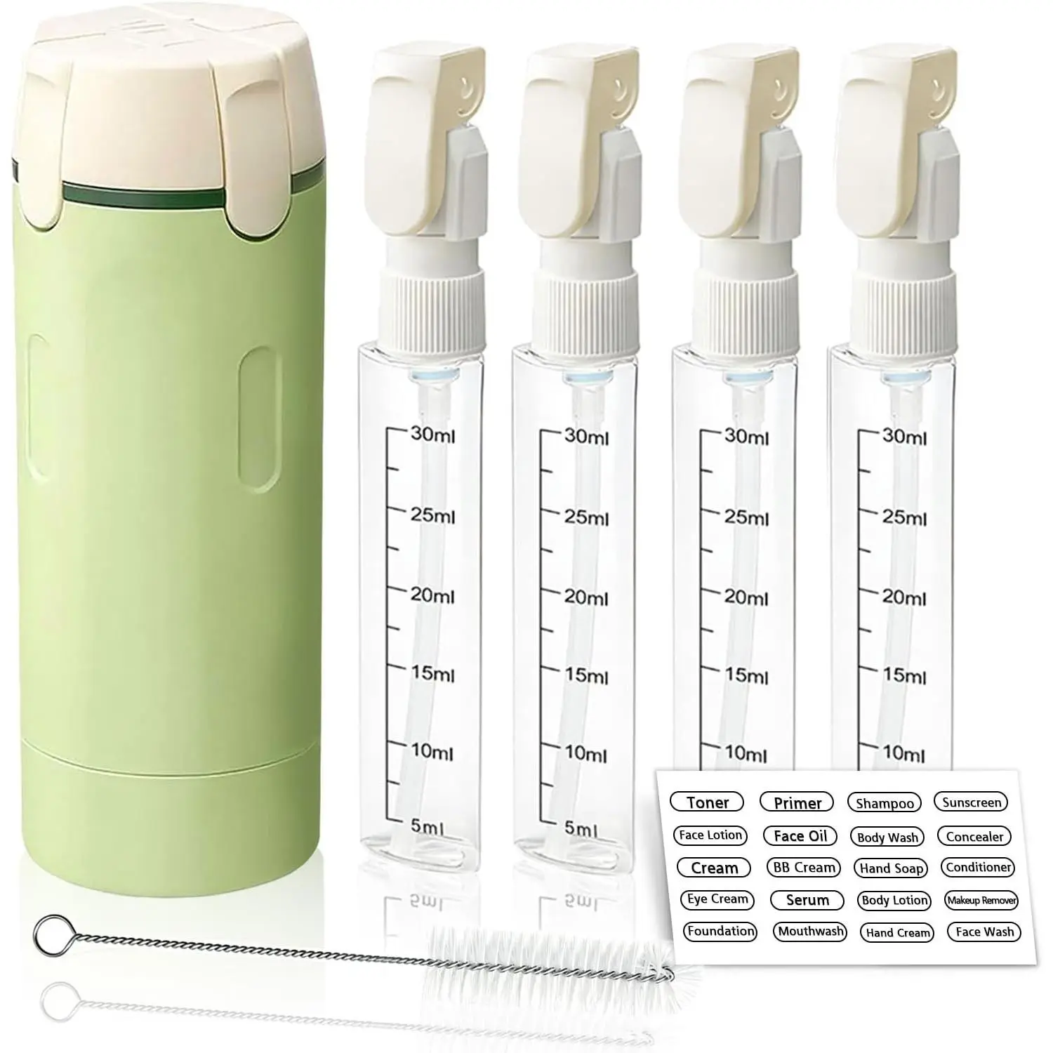 4-in-1 Travel Dispenser Bottles with Cleaning Brush, 4 Pack 30ml Leak Proof Refillable Toiletry Containers for Shampoo Conditioner, Portable Travel Bottle Set for Vacation Camping & GymGift