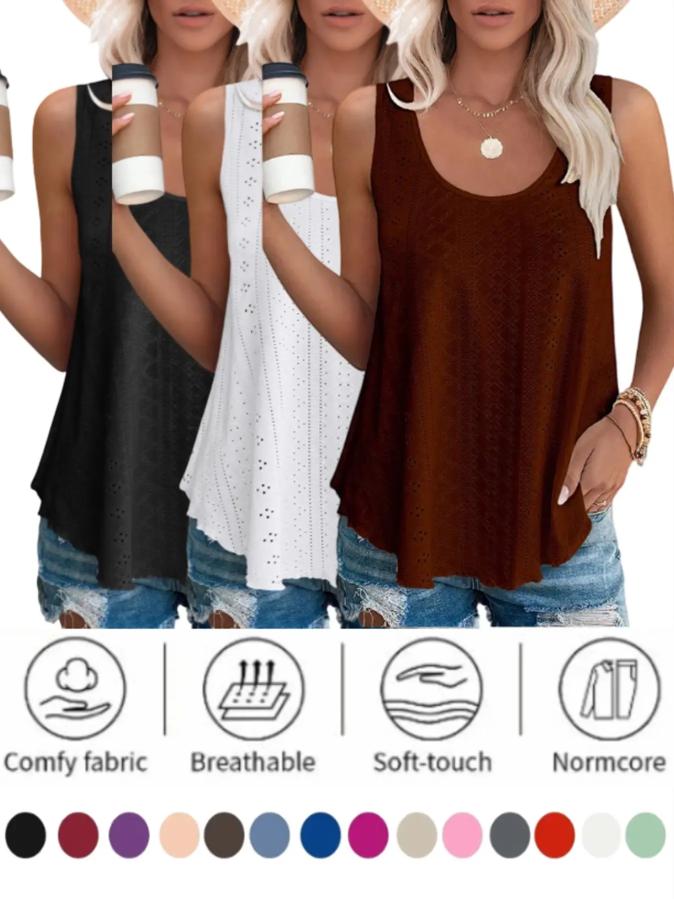 2026 Womens Tank Tops Sleeveless Eyelet Embroidery Scoop Neck Loose Fit Breathable Lightweight Basic Casual Fall Flowy