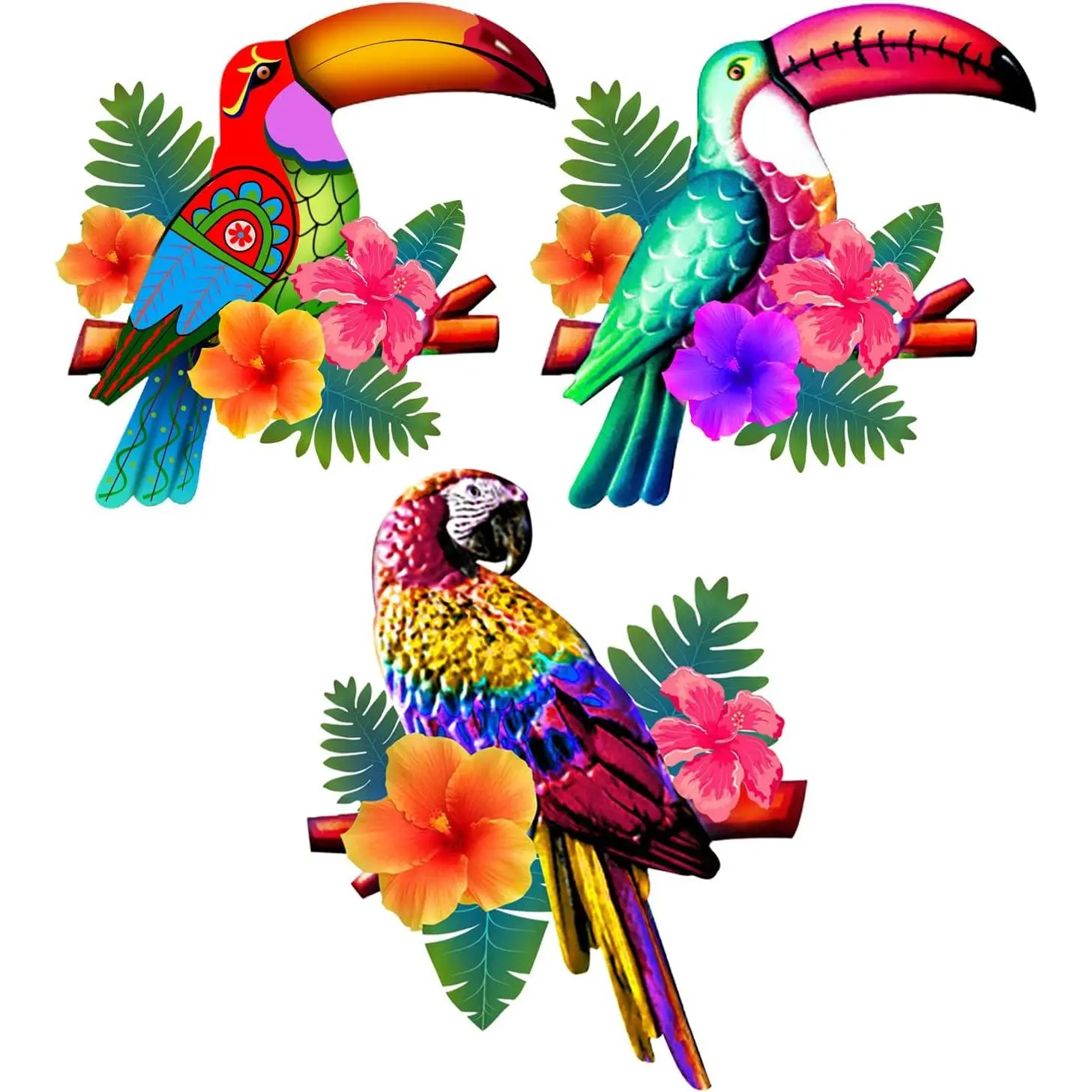 3 Pack Metal Birds Wall Art Decor, Beautiful Parrot Toucan Outdoor Wall Decor for Patio Wall Fence Deck Garden Home Balcony Tropical Bird Macaw Wall Sculpture Hanging for Indoor Outdoor