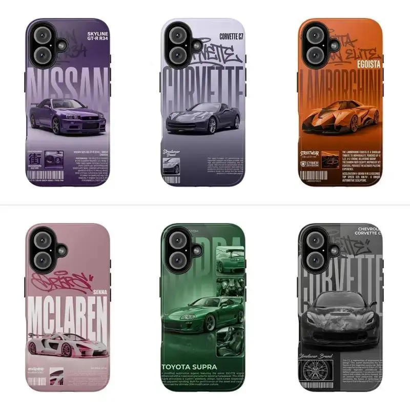 JDM Supercar Themed Smartphone Cases - Skyline GT-R R34, Supra, Corvette C7, Lamborghini, McLaren Designs - Unisex street-style car poster phone cases, compatible with iPhone 11–17 Pro Max/Plus series and Samsung Galaxy S23–S25 series.