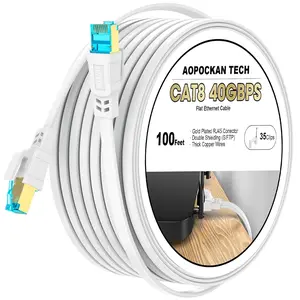 Cat 8 Ethernet Cable 100 FT, Heavy Duty High Speed 40Gbps 2000Mhz RJ45 Shielded S/FTP Flat LAN Patch Cord, Weatherproof UV Resistant Indoor&Outdoor Internet Network Cable for Gaming Router Modem
