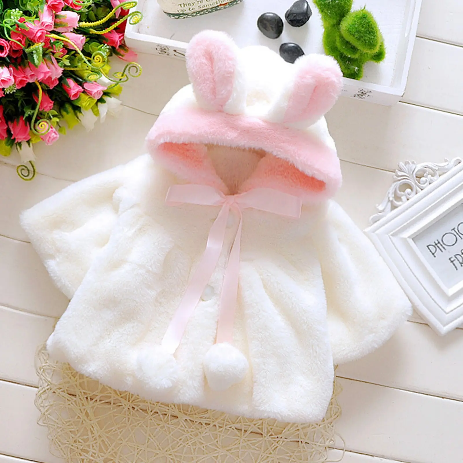 Baby Girl Faux Fur Coat, Pearl Button Bow Hooded with Bunny Ears, Thick Warm Winter Outerwear