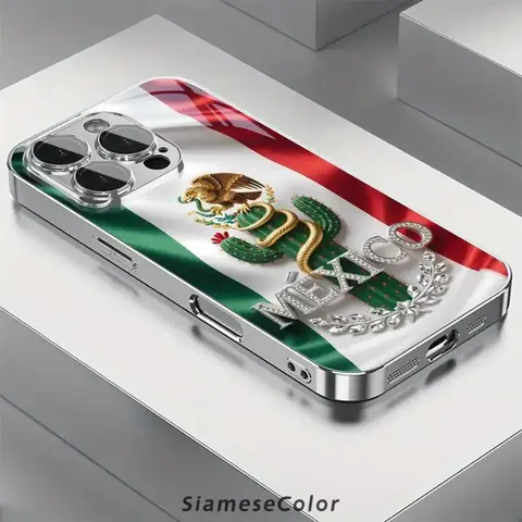 Mexican Flag 2D Pattern Diamond Badge Glass Cellphone Case - Protective Casing, Luxe Cover with Diamond Badge Adds Luxe Mexican Flair for iPhone 17,16,15,14,13,12,11 Plus Pro Max