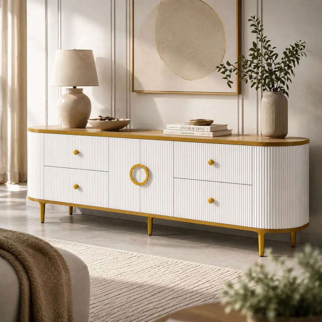 ARCH VIBE HAUS Modern MDF-Metal TV Stand for 80-in TVs, 70.9-in Entertainment Center with 4 Drawers and 1 Cabinet, Cable Management, Vertical Groove Design, Gold Accents, Metal Legs, Wood Console Table, Metal And Wood Tv Stands & Multimedia Centres