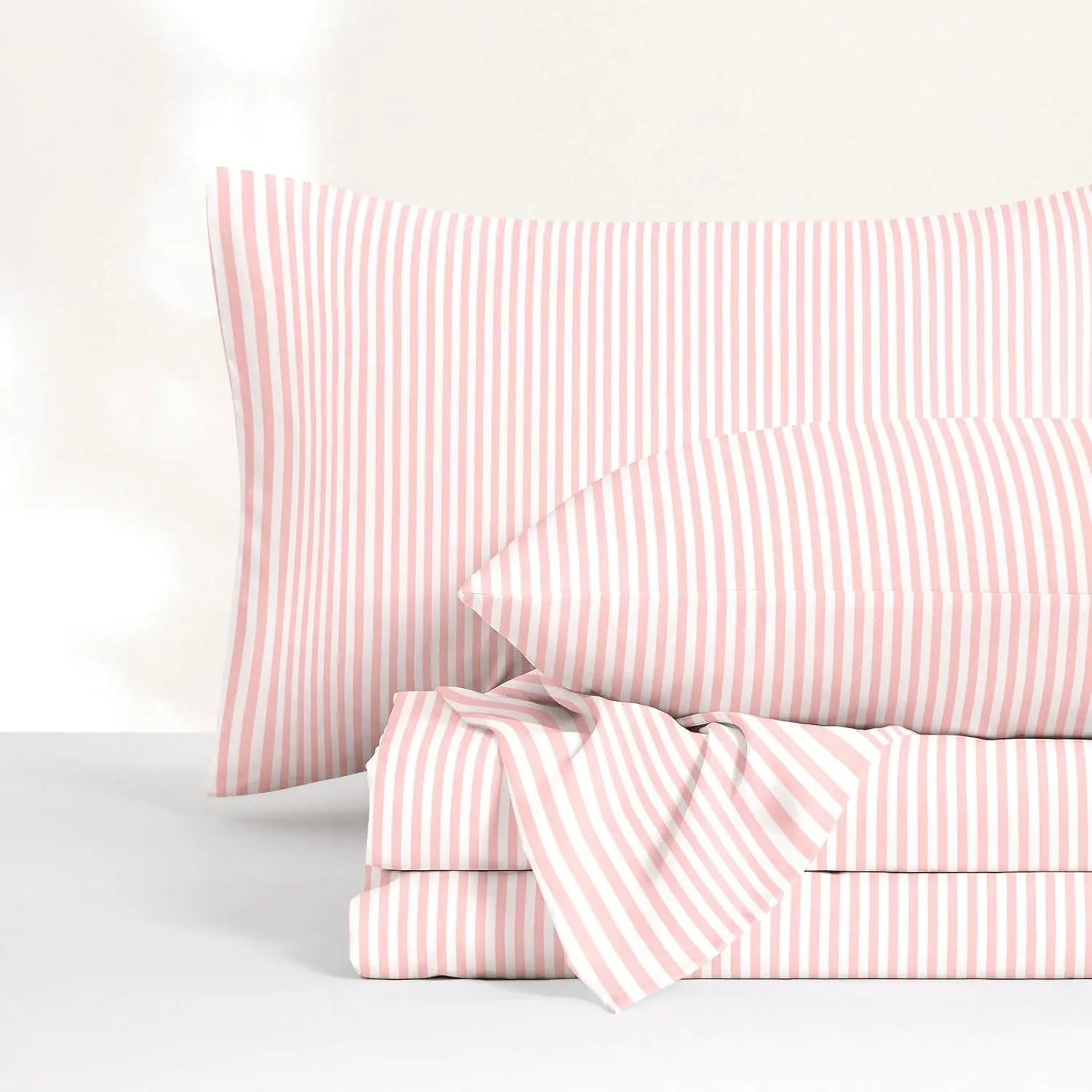 Striped Bed Sheets, 4-Piece Full Size Sheet Set, Ticking Vertical Stripe Modern Farmhouse Pattern Printed Bedding, Deep Pocket, Pink White