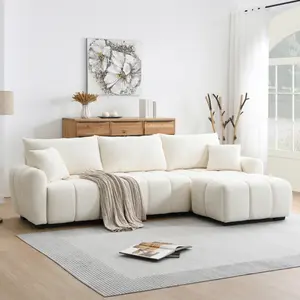 110-inch modular sectional sofa, freely configurable, L-shaped oversized seating, includes two throw pillows, pull-string design, movable ottoman, high-density foam, sturdy metal and wood frame, looped pile fabric. compression Corduroy bed size