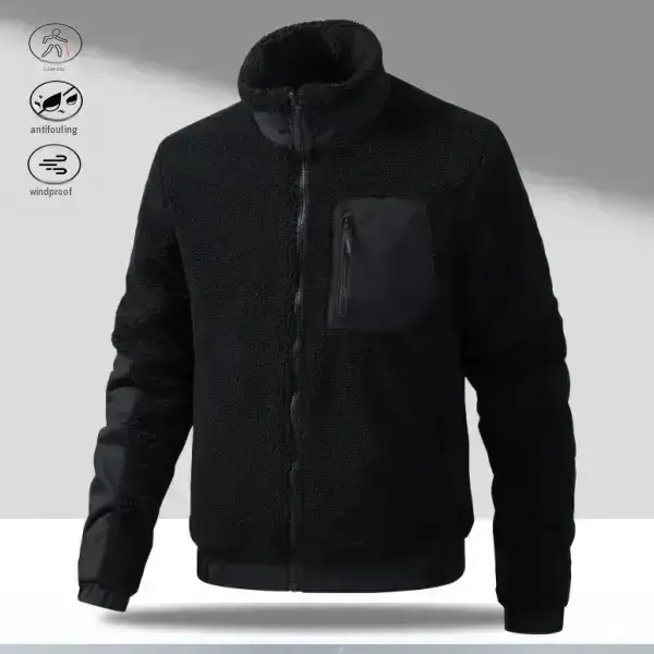 Men's Knit Fleece Jacket - Elegant Fitted Mock Neck Design with Faux Fur Patchwork and Zippered Pockets, Plain, Knitting, Casual Wear, Polyester Knit