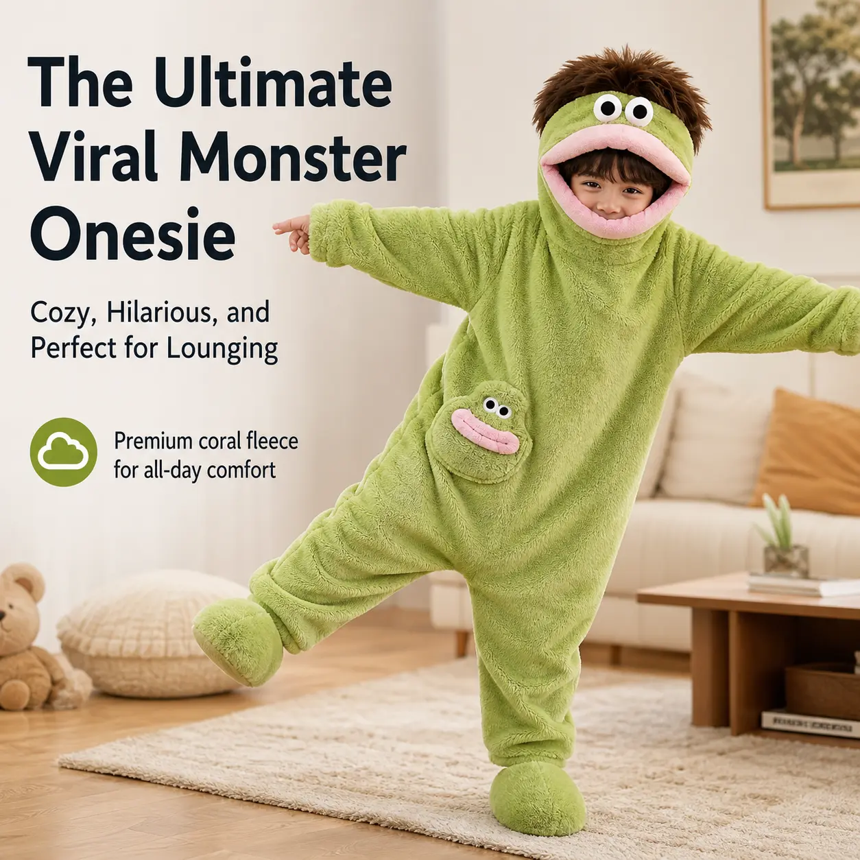 Kids Funny Big Mouth Monster Onesie Pajamas Coral Fleece Full Body Cartoon Cosplay Jumpsuit With Footed Pocket Warm Loungewear For Teen Girls 3 Colors Green Blue White