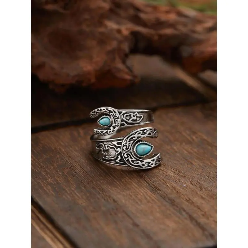 Turquoise Cuff Ring for Women, Unique Bohemian-Style Zinc Alloy Jewelry, Adjustable Open Band for Parties & Daily Wear