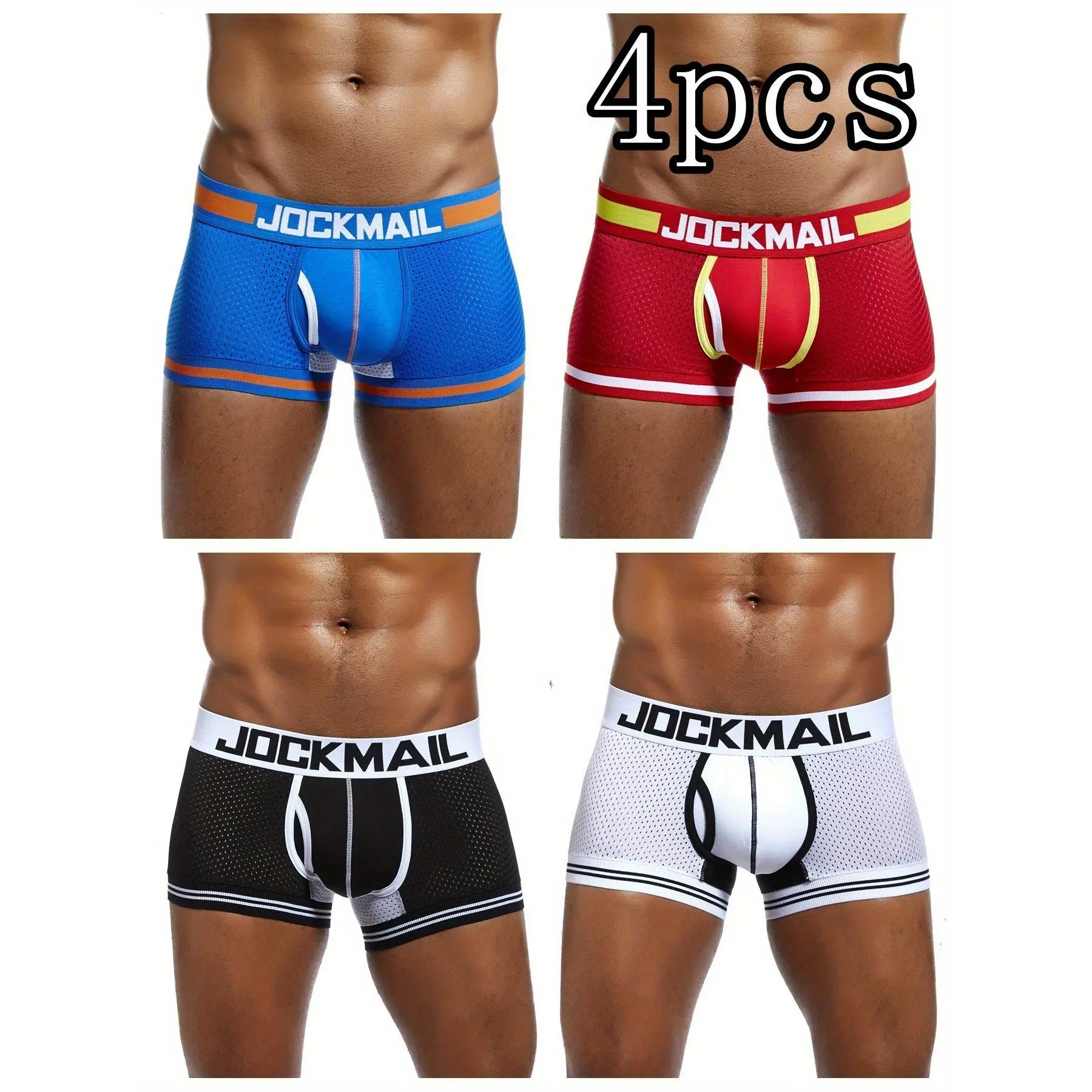 JOCKMAIL Menswear 4-Piece Men's Knit Stretch Activewear Sportswear Boxer Briefs for Sports Fitness, Athletic, Plain, Fabric, Smooth, Athleisure Men's Boxer Briefs, Alphabets Print, Cotton Spandex