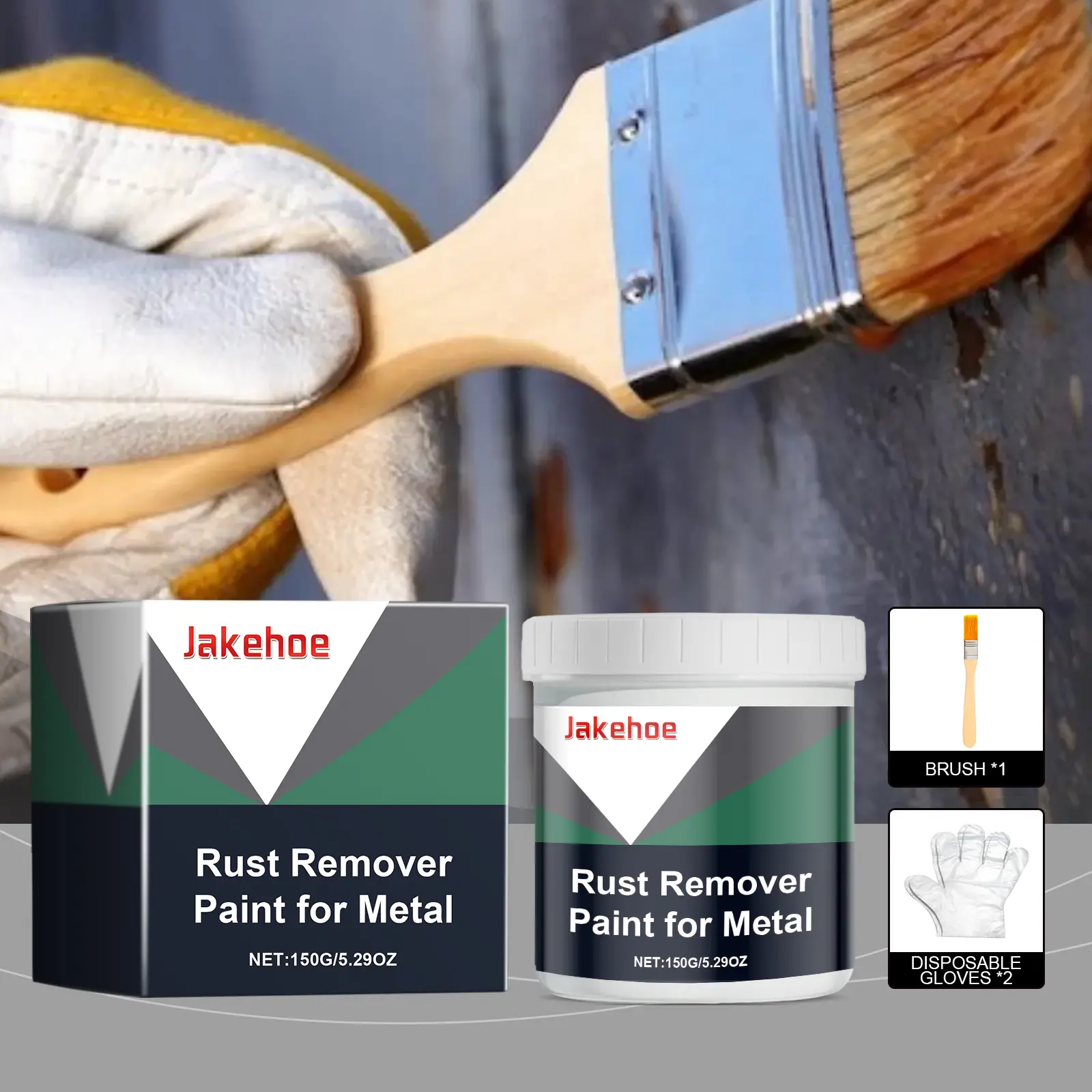 Jakehoe 150g Rust Remover Paint for Metal 5.29 oz Single Unit, Professional Grade Heavy Duty Rust Converter Coat with Brush and Gloves, Long Lasting Protective Anti-Rust Coating with Citric Acid