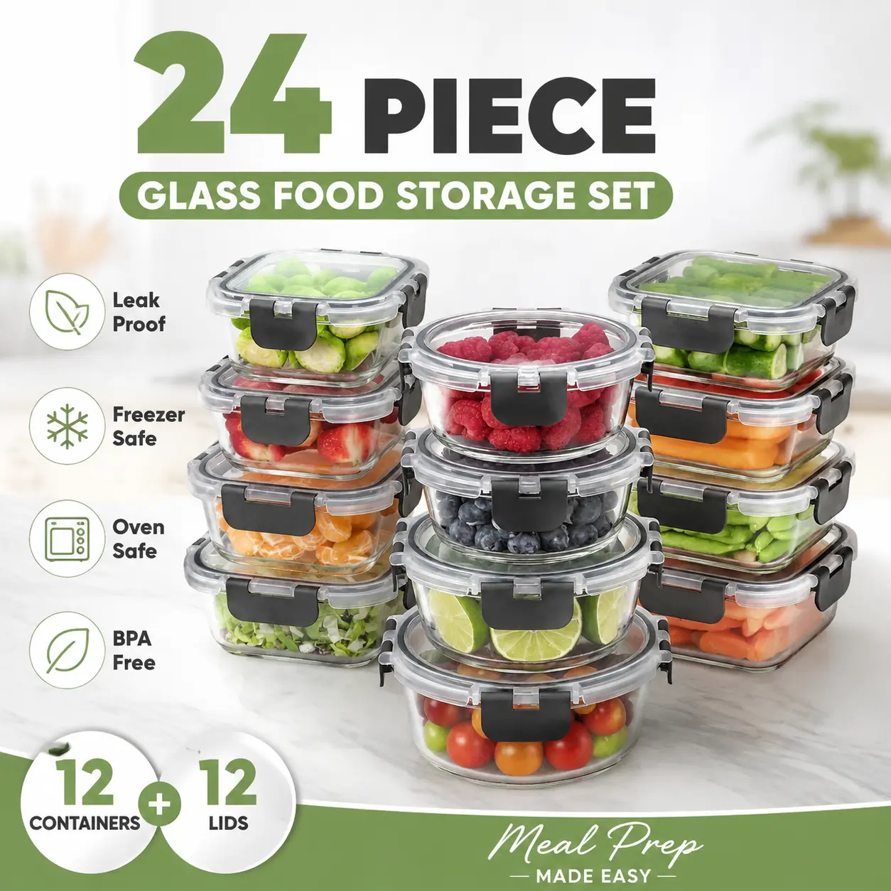 Glass Food Storage Containers with Lids, 24-Piece Gray Set with 12 Containers and 12 Lids, Leak-Proof Meal Prep for Lunch, Freezer-Safe Kitchen Storage