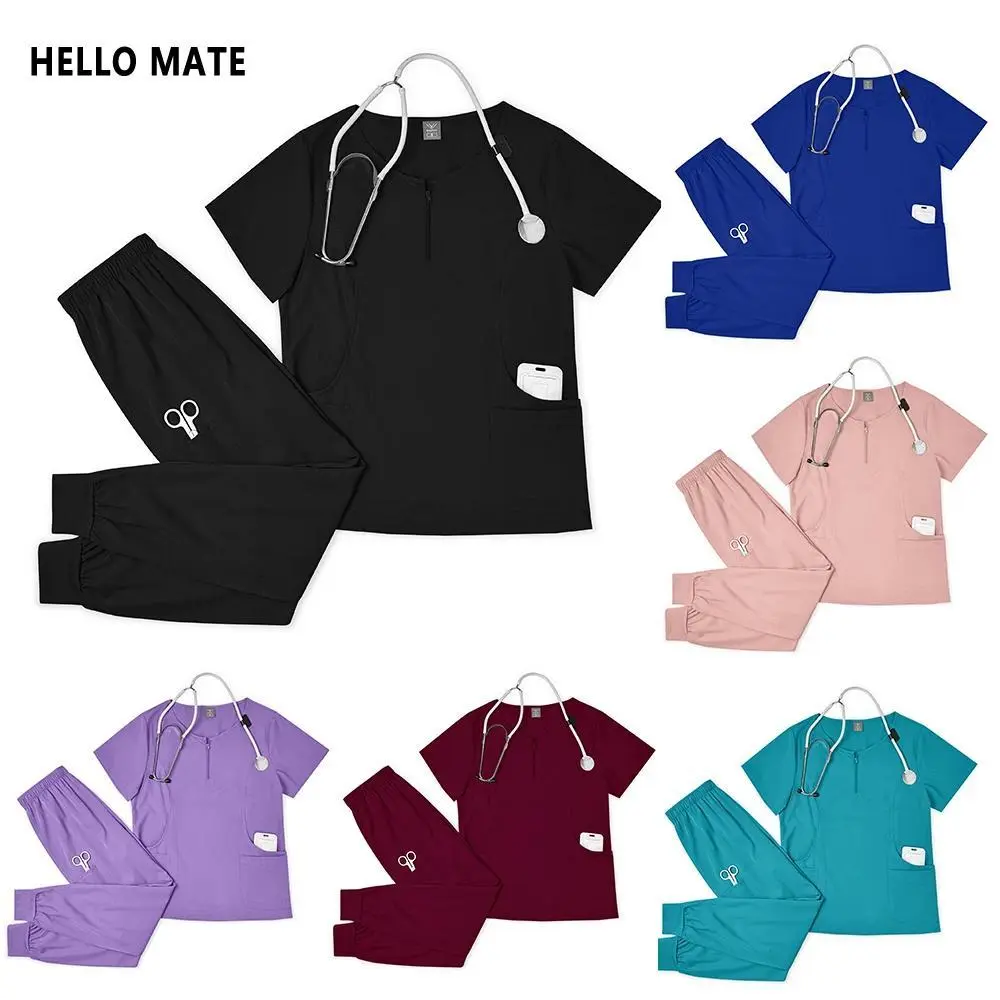 Slim Fit Nurse Uniforms Medical Scrubs Set for Women Stretch Pockets Tops Jogging Pants Dentist Overalls Operating Room Workwear