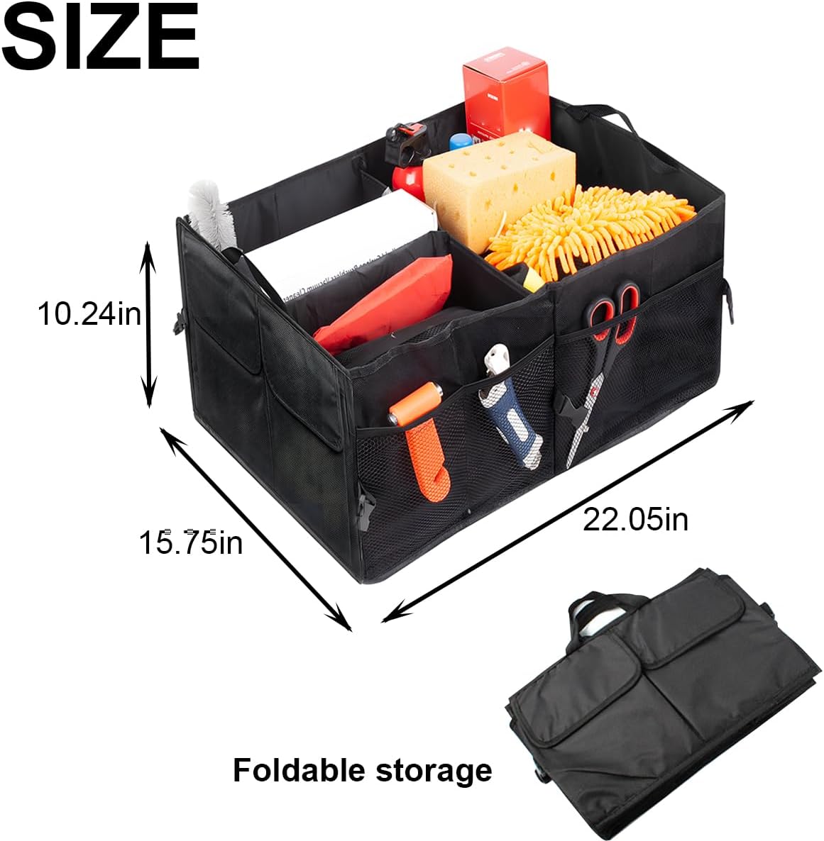 Trunk Organizer, Collapsible Multi Compartment  Storage Box,  Adjustable Automotive Organization Container Accessories, Universal for SUV, Sedan,  (Black)