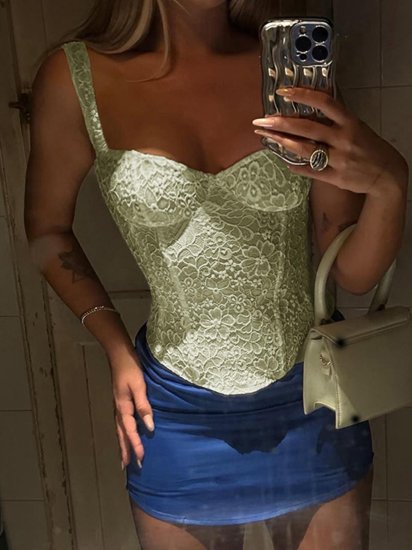 Women's Floral Lace Corset Structure Crop Tank Top Strap, Summer Clothes Women, Fashion Casual Sleeveless Crop Top for Daily Outdoor Wear, Women Top for Summer, Strappy