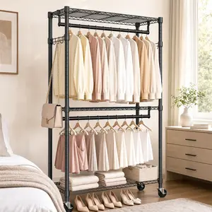 ARCH Heavy Duty Minimalist Rolling Garment Rack - 3-Tier Adjustable Wire Shelf, 2 Hanging Rods, Side Hooks, Carbon Steel with Lockable Wheels, 15.7" D x 29.5" W x 74.5" H, Black for Shoes, Shirts, Room Accessories