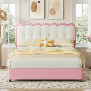 Twin/ Full/ Queen Size Bed Frame, Upholstered Bed Frame With Cloud Shaped Headboard, PU Leather Cloud Bed Frame With Adjustable Headboard, Soft Bed Frame, No Box Spring Needed, Easy Assembly, Pink/ Black