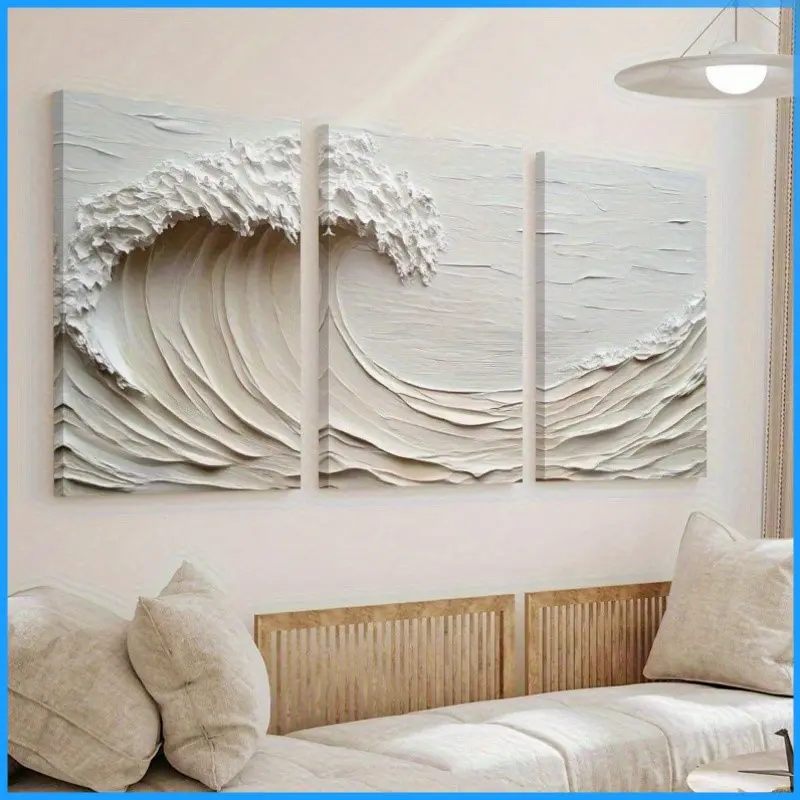 3-piece set of 2D decorative paintings - Canvas paintings - Textured white wave triptych art - Room decoration - Kitchen decoration - Autumn decoration - Wall decoration pictures - Posters - Autumn decoration - Room decoration - Bathroom decoration - Wall