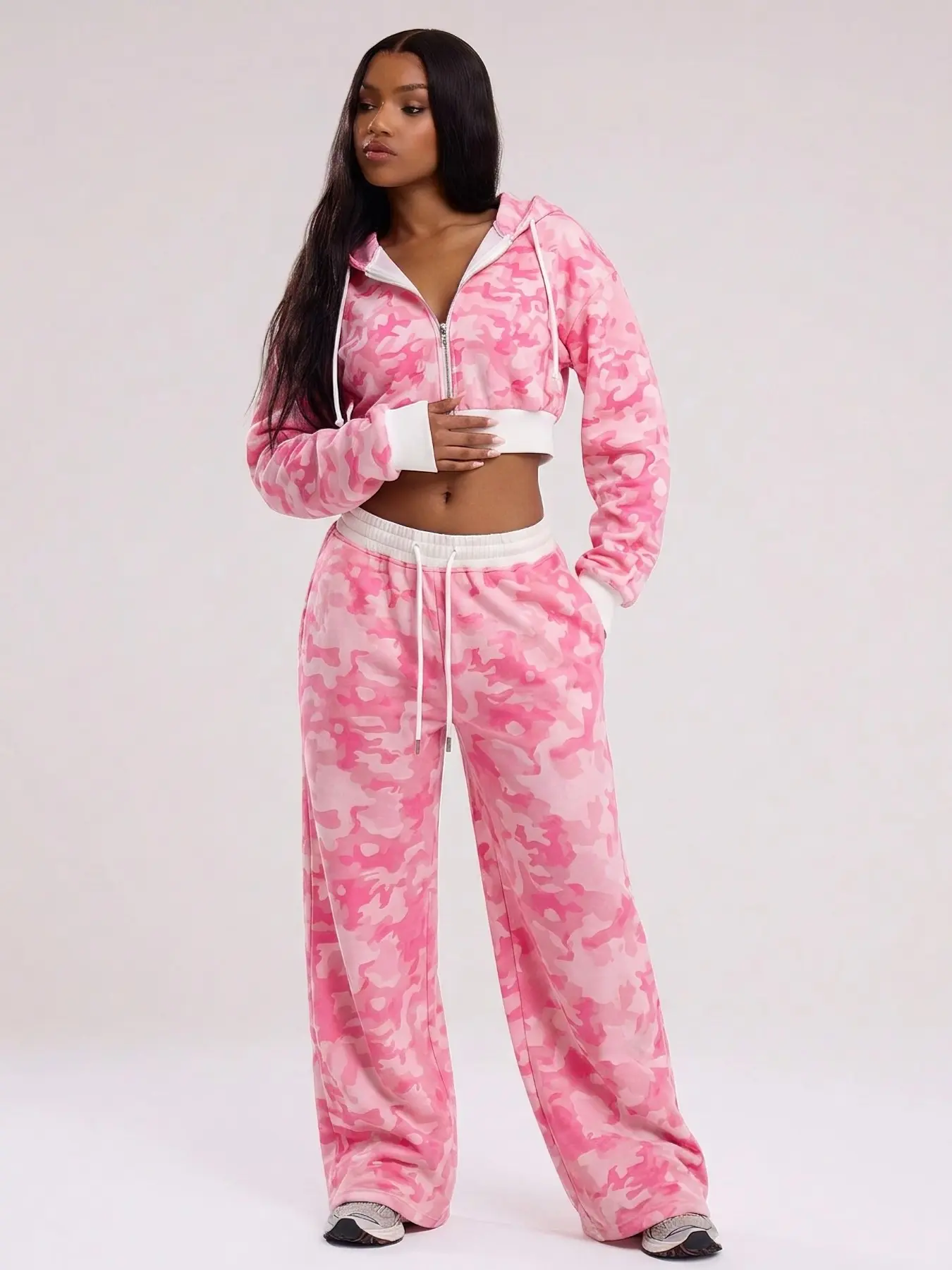 2026 Hot Selling Women Pink Camo Print 2PCS Tracksuit Set, Zip Up Hooded Cropped Sweatshirt & Elastic Waist Wide Leg Sweatpants, Casual Loungewear Co-ord For Y2K Baddie Street Daily Vacation Sporty Girl Outfits, Sporty Fashion Set