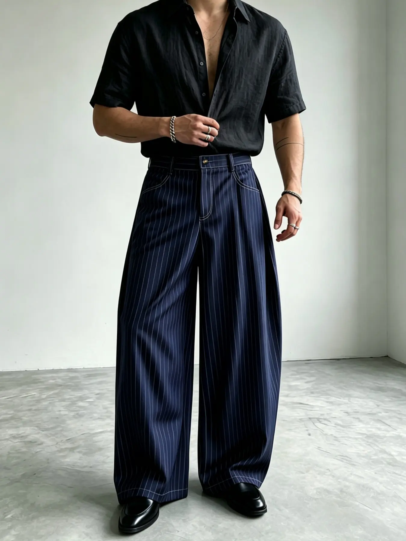 Men's Striped Wide-Leg Dress Pants, Loose-Fit Button Detail, Streetwear Casual Long Pants, Drape Pants, All Seasons, New Arrival