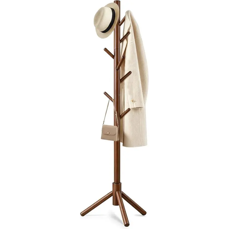 Brown Wood Frame Coat Rack Stand, Freestanding 8-Hook Adjustable-ht. Coat Tree with Triangular Base, Tool-Free Assembly for Entryway, Bedroom