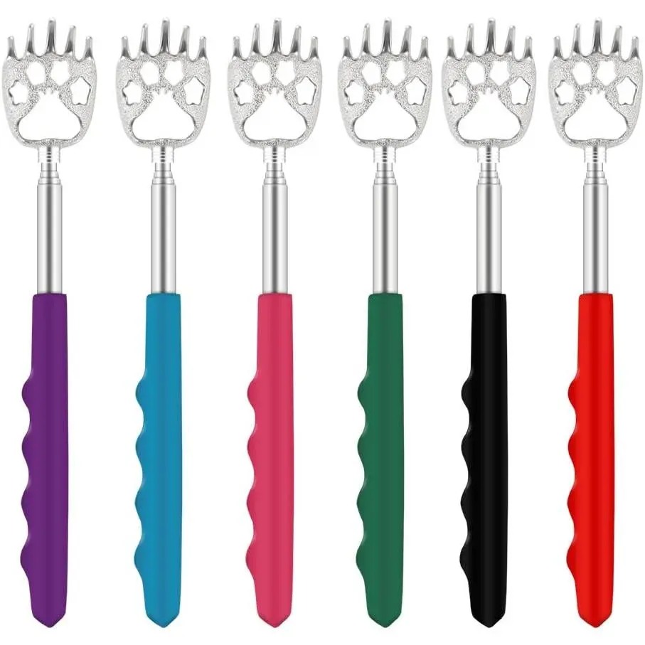 6-Count Adjustable Stainless Steel Bear Claw Back Scratcher - Portable Telescoping Body Care Tool with Rubber Handle, Available in Black, Blue, Green, Purple, Red, Pink - Ideal Gift for Selfie Accessories Enthusiasts, Friends, Adults, Claw Shape