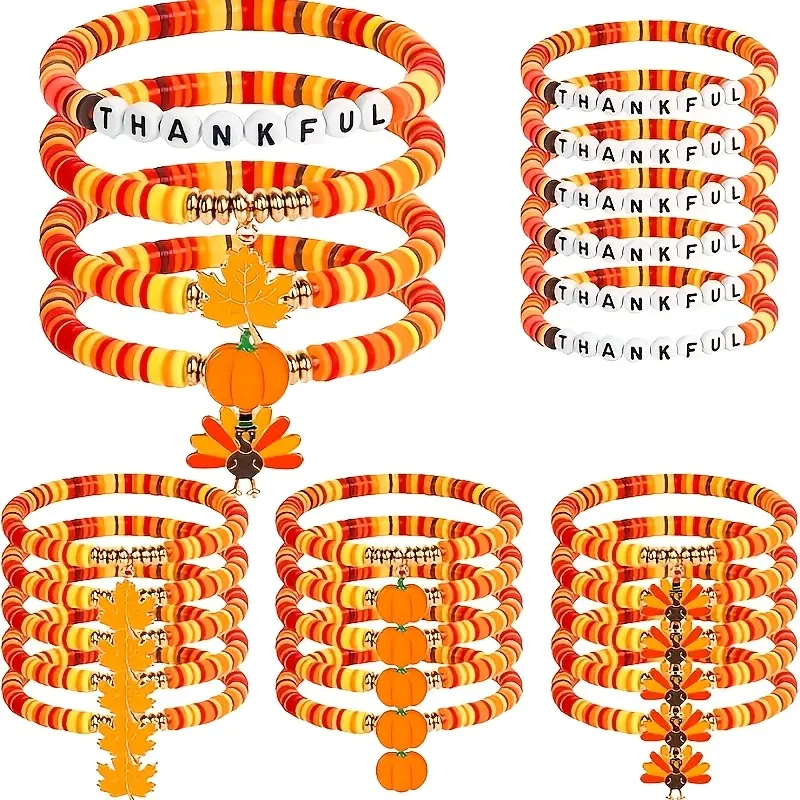 24-Pack Polymer Clay Bracelets, Bohemian Handmade Fall Bracelets with Pumpkin, Turkey & Maple Leaf Charms for Parties & Thanksgiving Favors, Handmade Clay Bracelets & Bangles