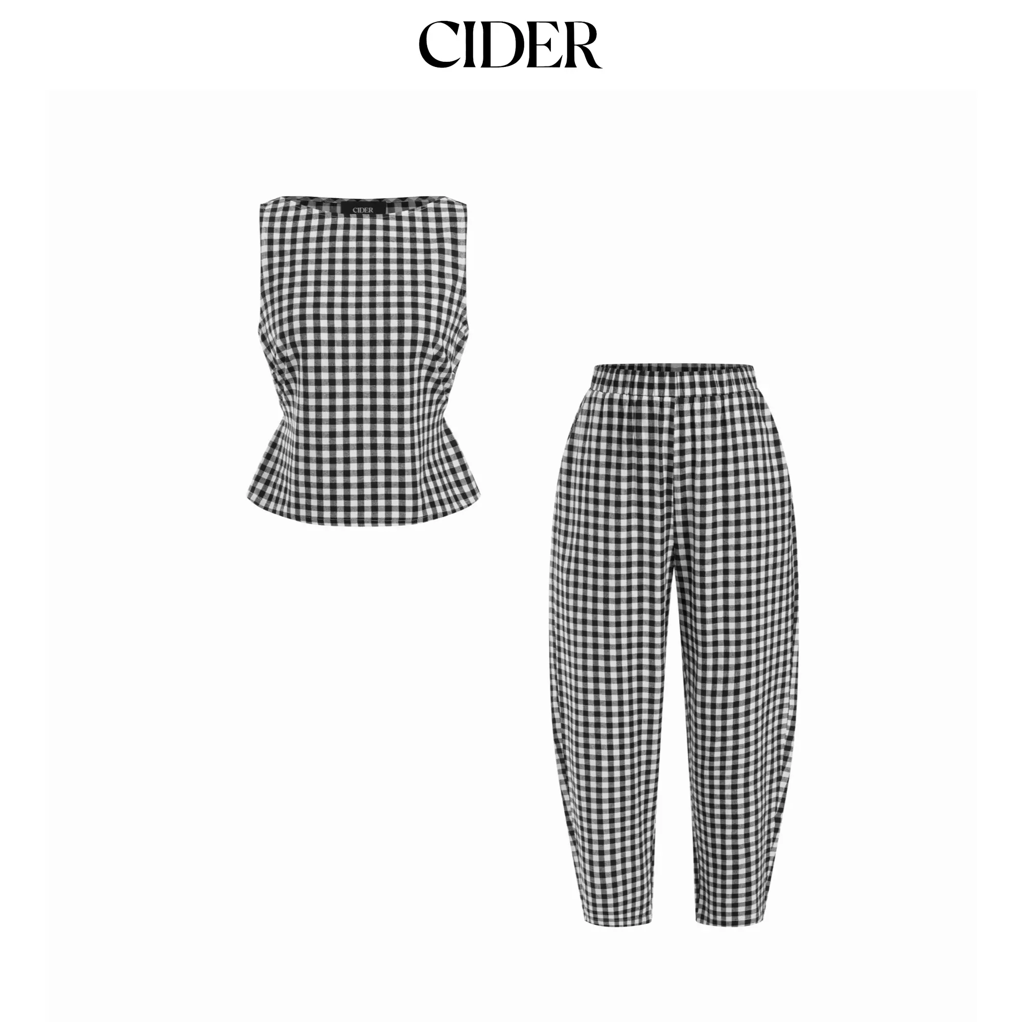 Cider Boat Neck Checks Knotted Top & Mid Rise Elastic Waist Straight Leg Trousers Set
