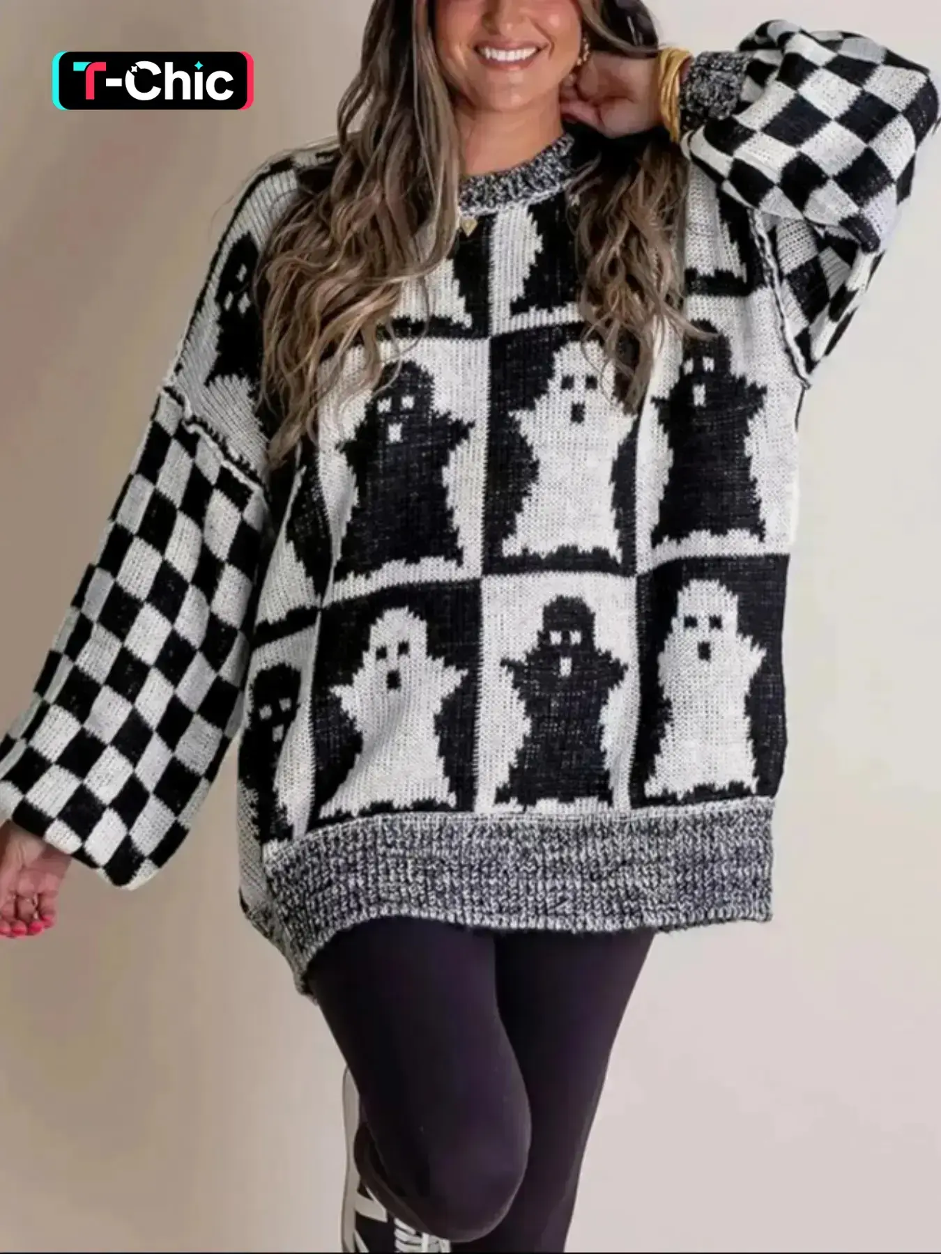 Halloween Plaid Oversized Thick Sweater, Ghost Pattern, Breathable Round Neck Colorblock Long Sleeve Knitwear, Spring & Fall Casual Everyday Wear, Womenswear