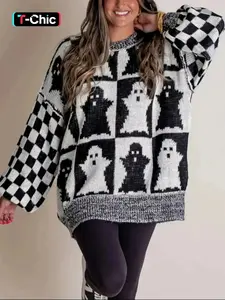 Halloween Plaid Oversized Thick Sweater, Ghost Pattern, Breathable Round Neck Colorblock Long Sleeve Knitwear, Spring & Fall Casual Everyday Wear, Womenswear
