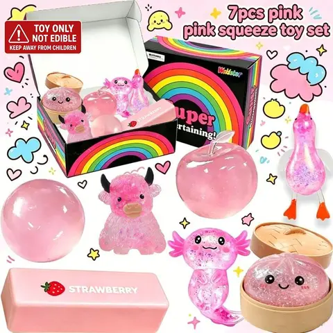 7 Pack Pink Series Glitter Squeeze Stress Relief Toys, Sparkly Squishies, Soft Portable Sensory Fidget Balls, Apple, Round Ball, Salamander & Duck Design Anxiety Relief Toys, Birthday & Party Gifts for Kids & Adults, Squishies Fidget Packs
