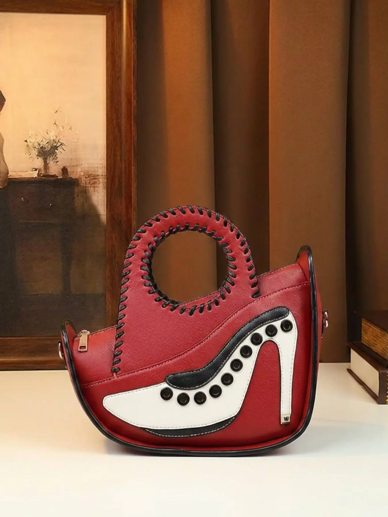 Unique Artistic Handbag, High Heel Patchwork Decoration, Handmade Thick Rope Braided Handle, Stylish and Trendy Design, Perfect for Fashionistas