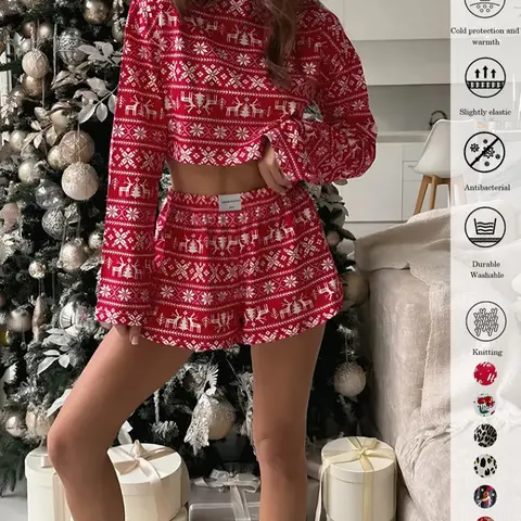 Women's Christmas & New Year Casual Loose Knit Set, Snowflake Deer Letter Print Long Sleeve Top & Side Split Shorts, All-Season Wear