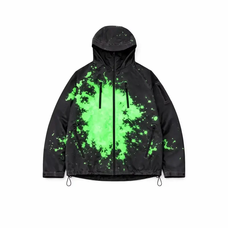 Color-changing jacket, a reflective green printed hooded windbreaker with temperature-sensing features, a waterproof street-style casual jacket, suitable for outdoor wear, and a great Christmas gift for men and women