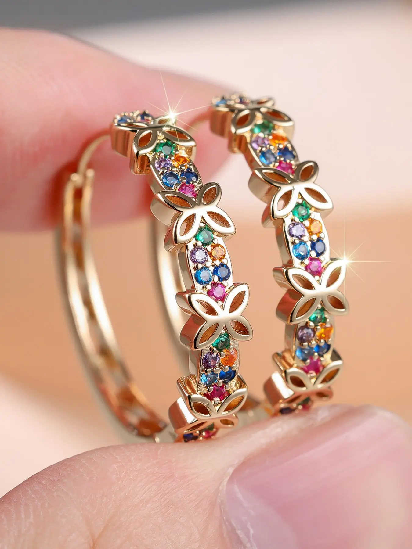 Colorful Zircon Butterfly Hoop Earrings Gold Plated Nickel Free Hypoallergenic Sweet Trendy Accessories For Women Summer Party Outfit Gift