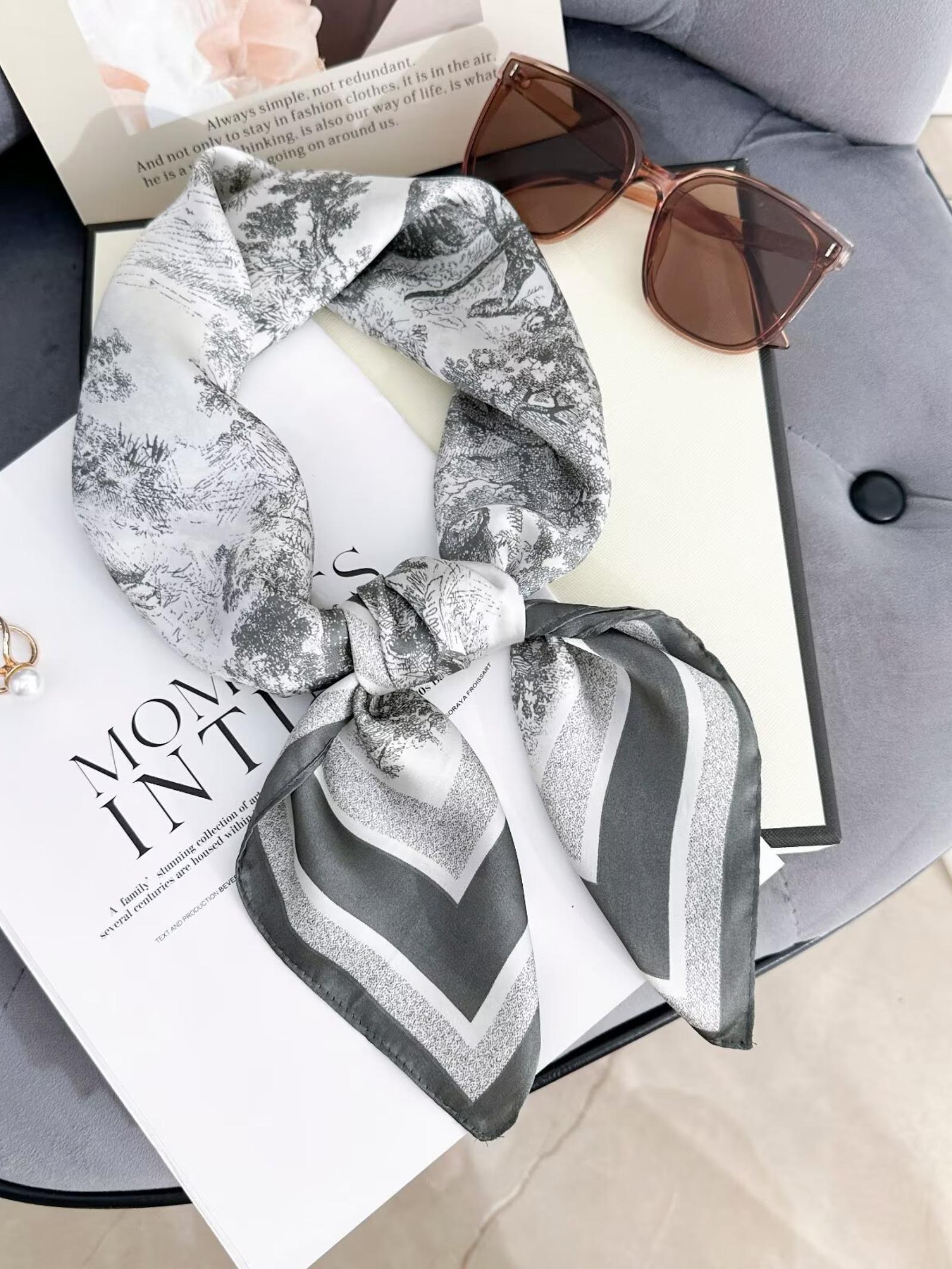 27.6 Inch Square Scarf with Landscape Print for Women, Fashionable Headband with Silk-like Elegance, All Seasons Casual Accessory for Style Enthusiasts