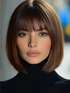 12 Inch Short Bob Straight Synthetic Wigs for Women, Gorgeous Fluffy Wigs with Blunt Bangs, Synthetic Full Machine Wigs for Party, Daily Use