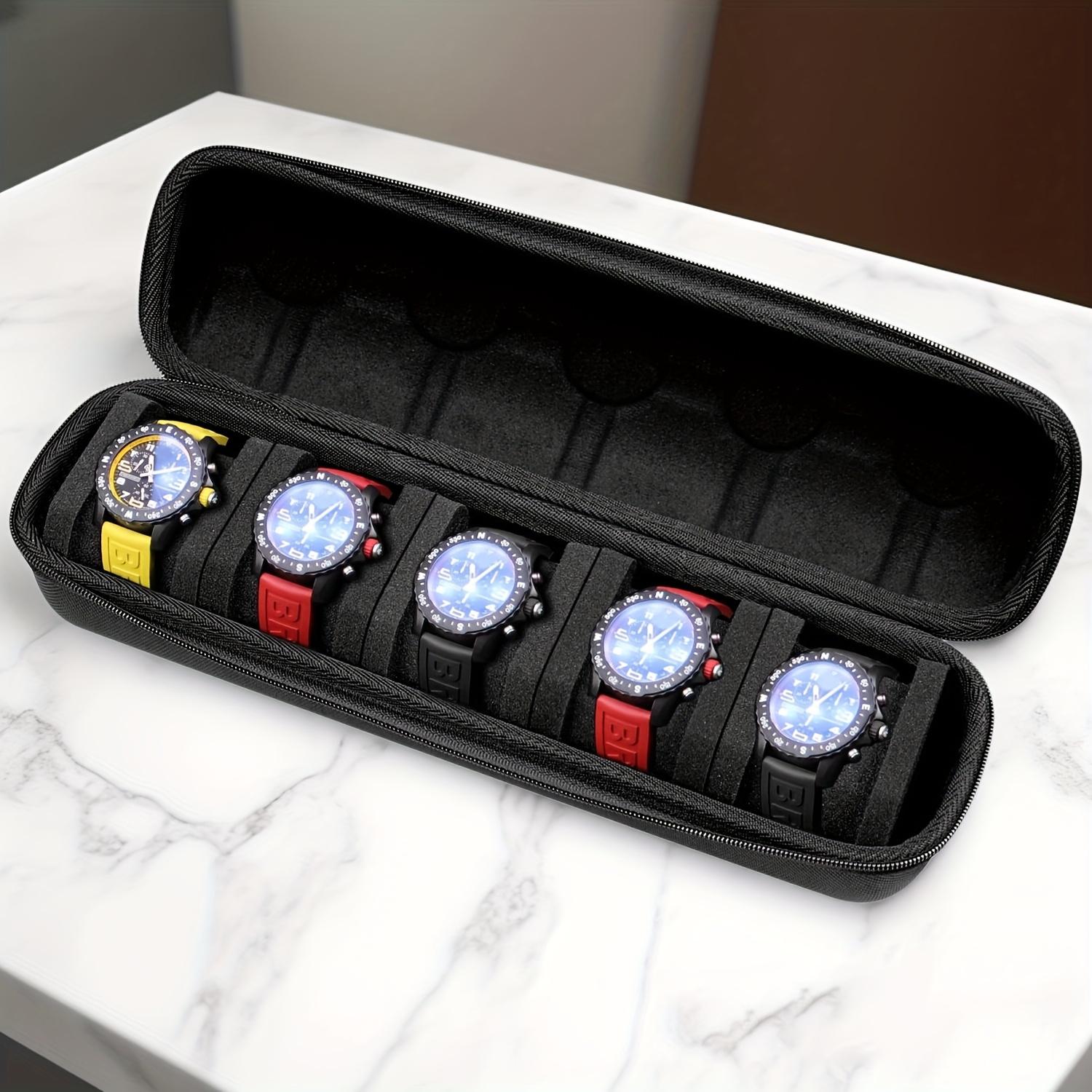 Watch portable storage suitcase with 5 card positions, large-capacity hard case watch storage display box, suitable for men's and women's smart watch storage, with soft foam pillow and handle.