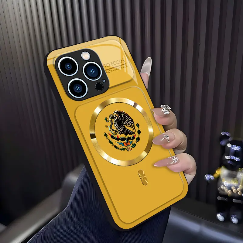 Suitable for【iPhone 12 Pro Max】Mexican Eagle Ethnic Totem Phone Case, Vintage Latin Culture Print Design, Shockproof & Wear-Resistant Protective Cover, Magnetic Charging Glass Case, MagSafe，Unisex Ethnic Style Phone Case.-XS9527