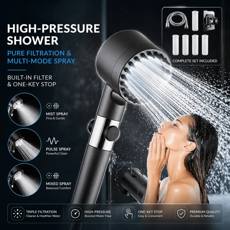 High Pressure Filtered Shower Head Set - 3 Modes with 5 Replaceable Filters & One-Click Stop Button Filtered Shower System, Bathroom Shower Head